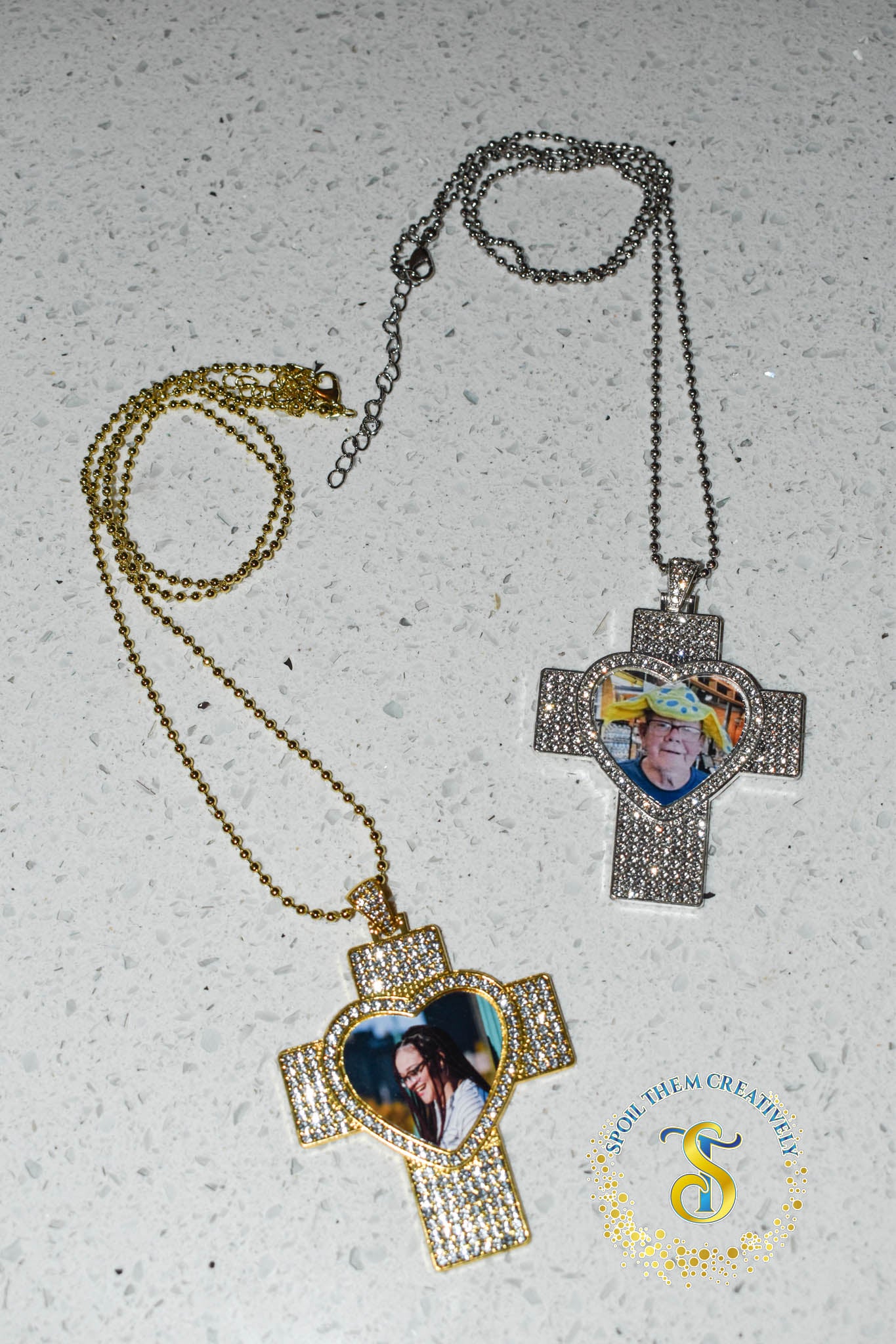 Rhinestone Heart & Cross Photo Necklace