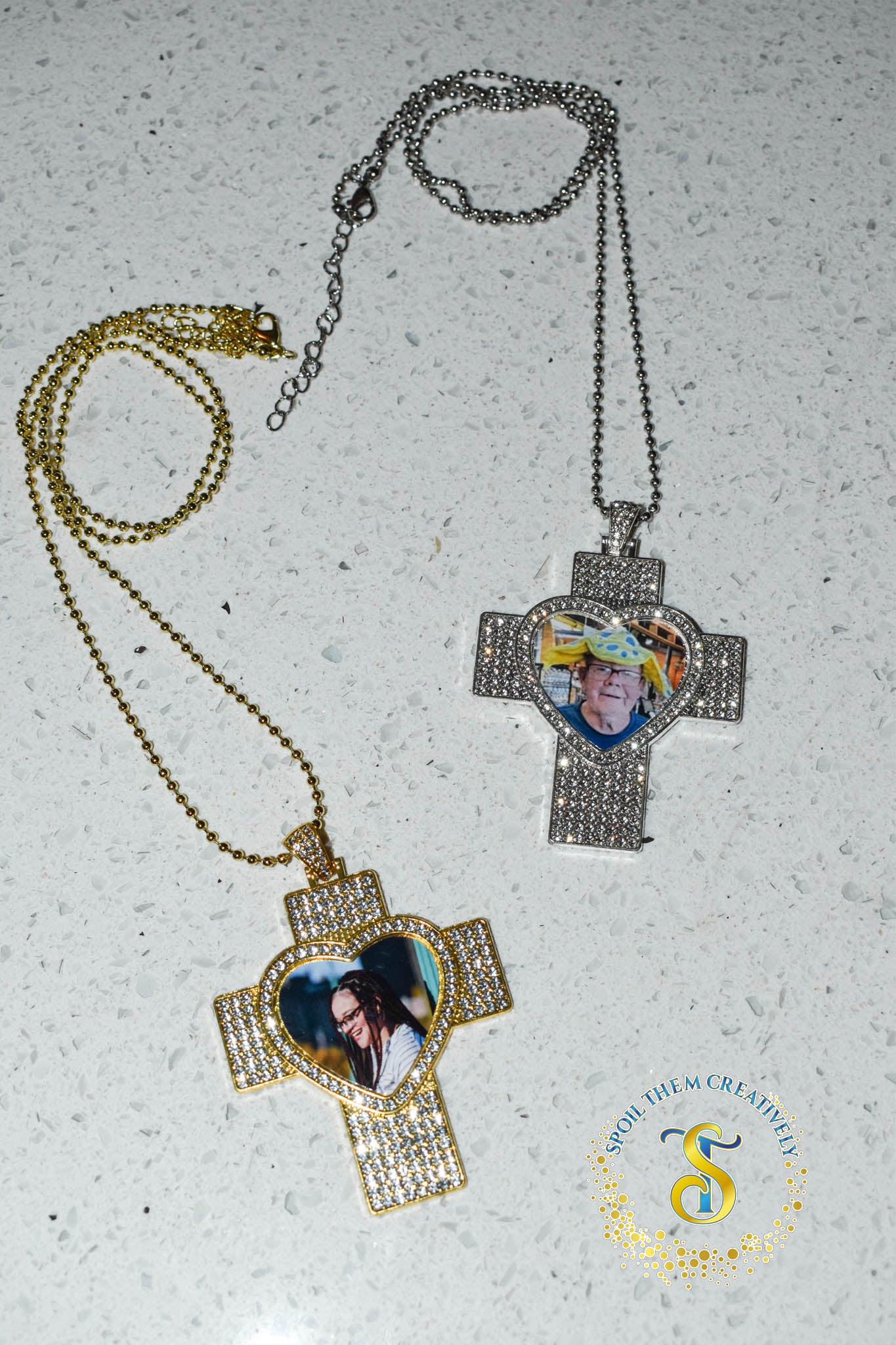 Rhinestone Heart & Cross Photo Necklace