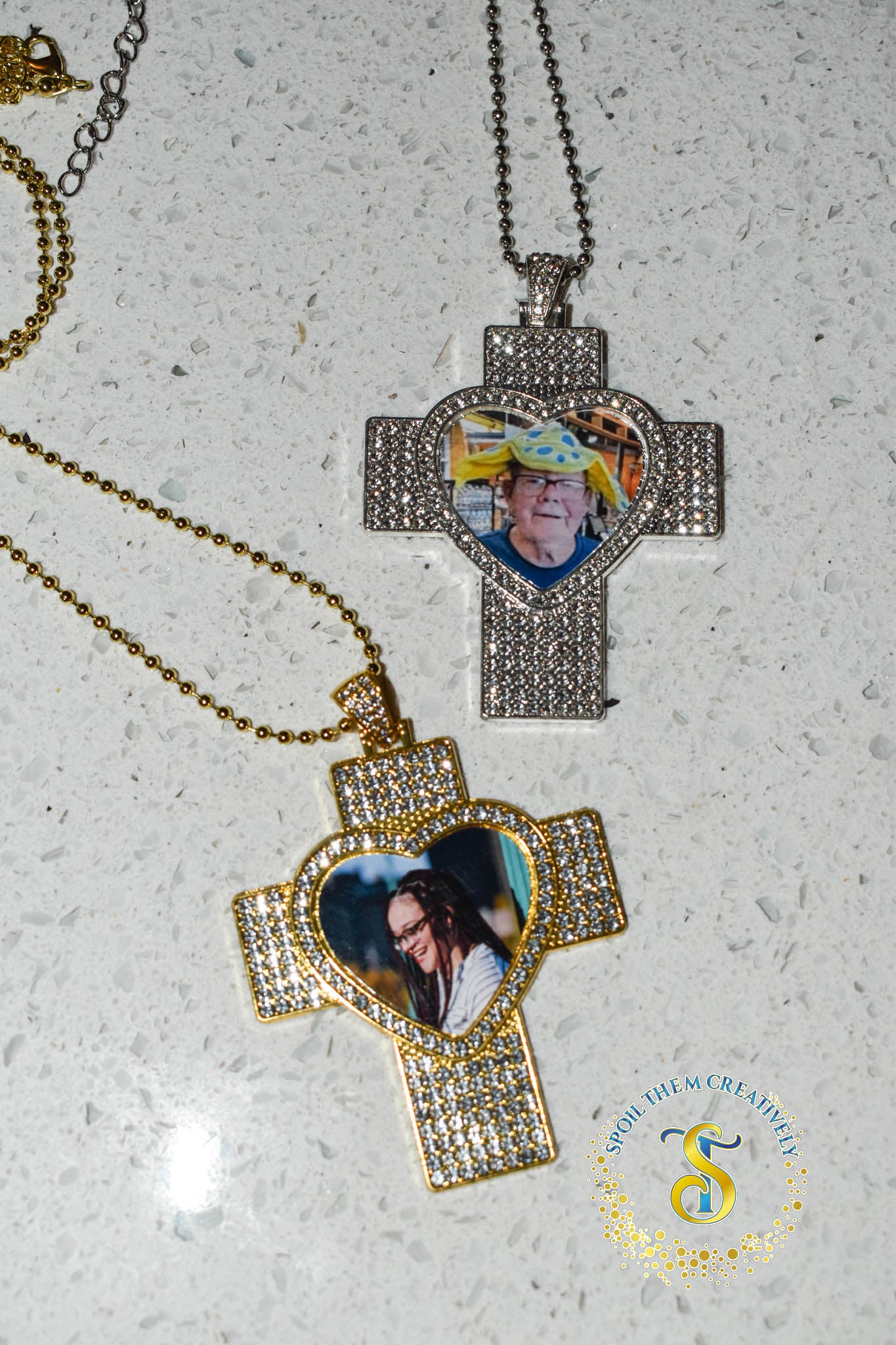Rhinestone Heart & Cross Photo Necklace