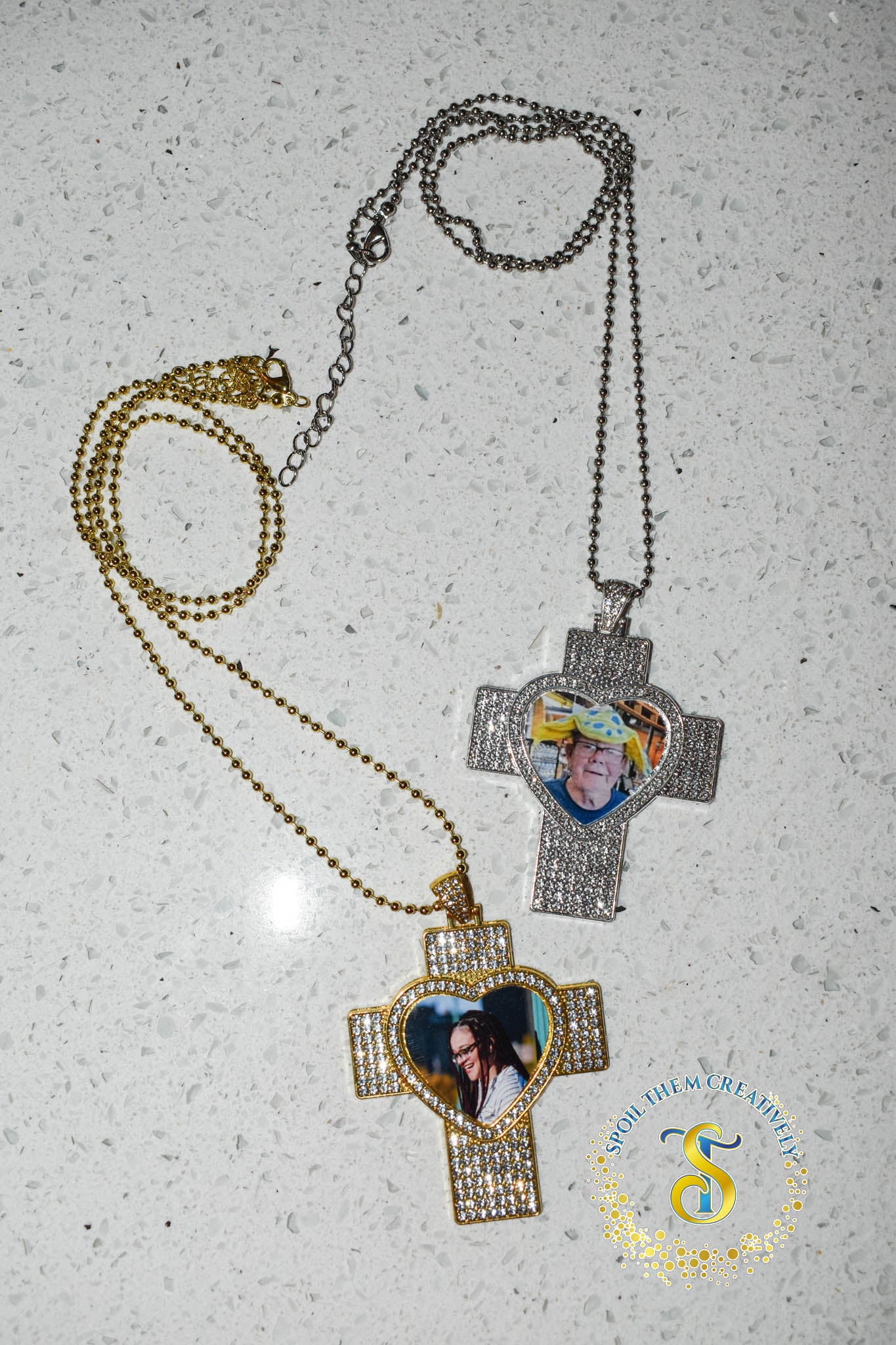 Rhinestone Heart & Cross Photo Necklace