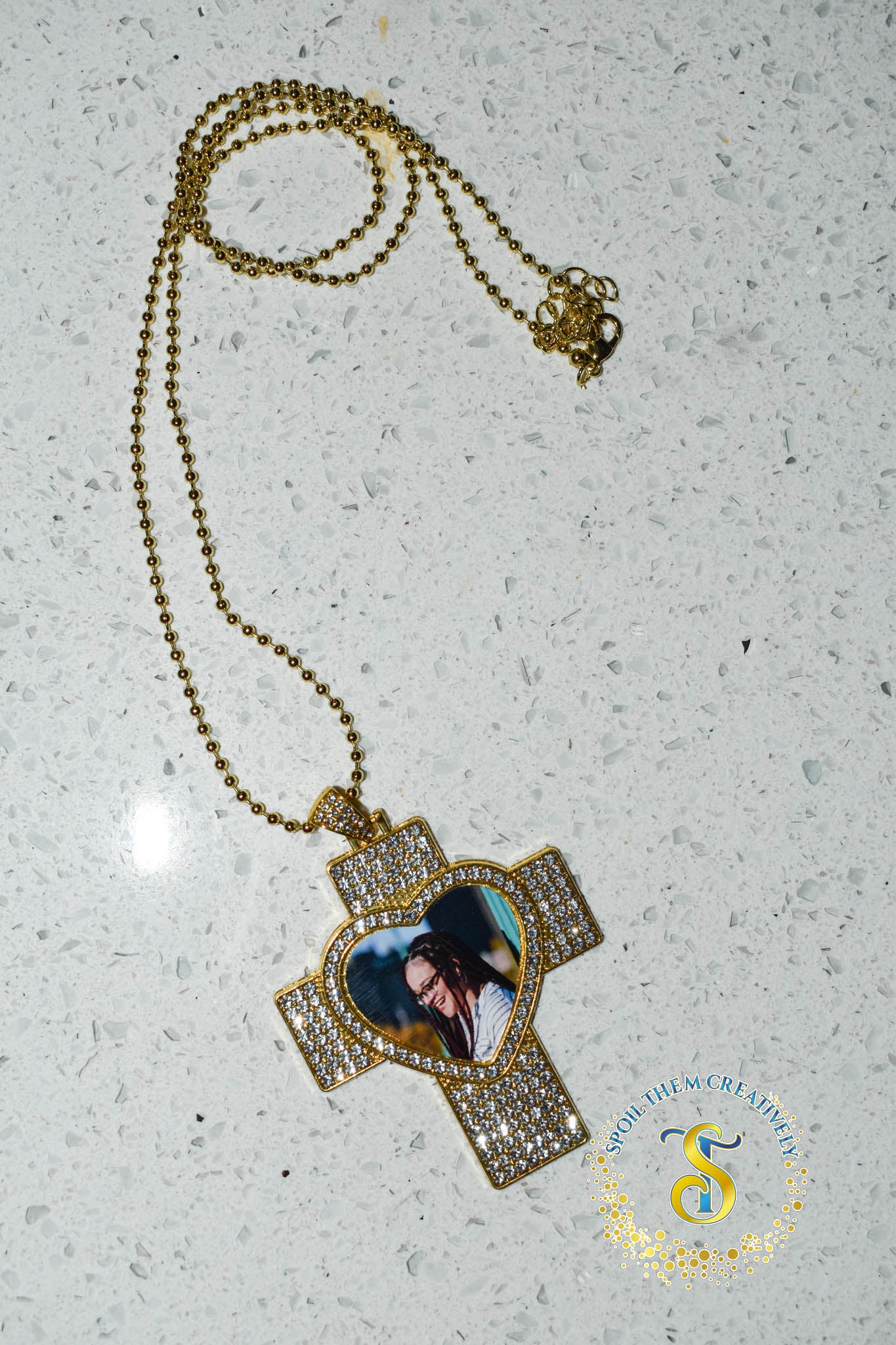 Rhinestone Heart & Cross Photo Necklace