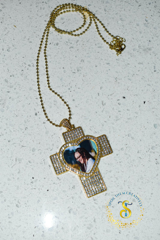 Rhinestone Heart & Cross Photo Necklace