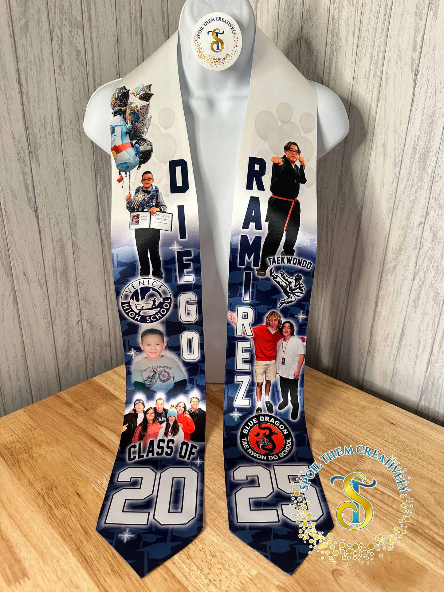 Personalized graduation stole with five pictures