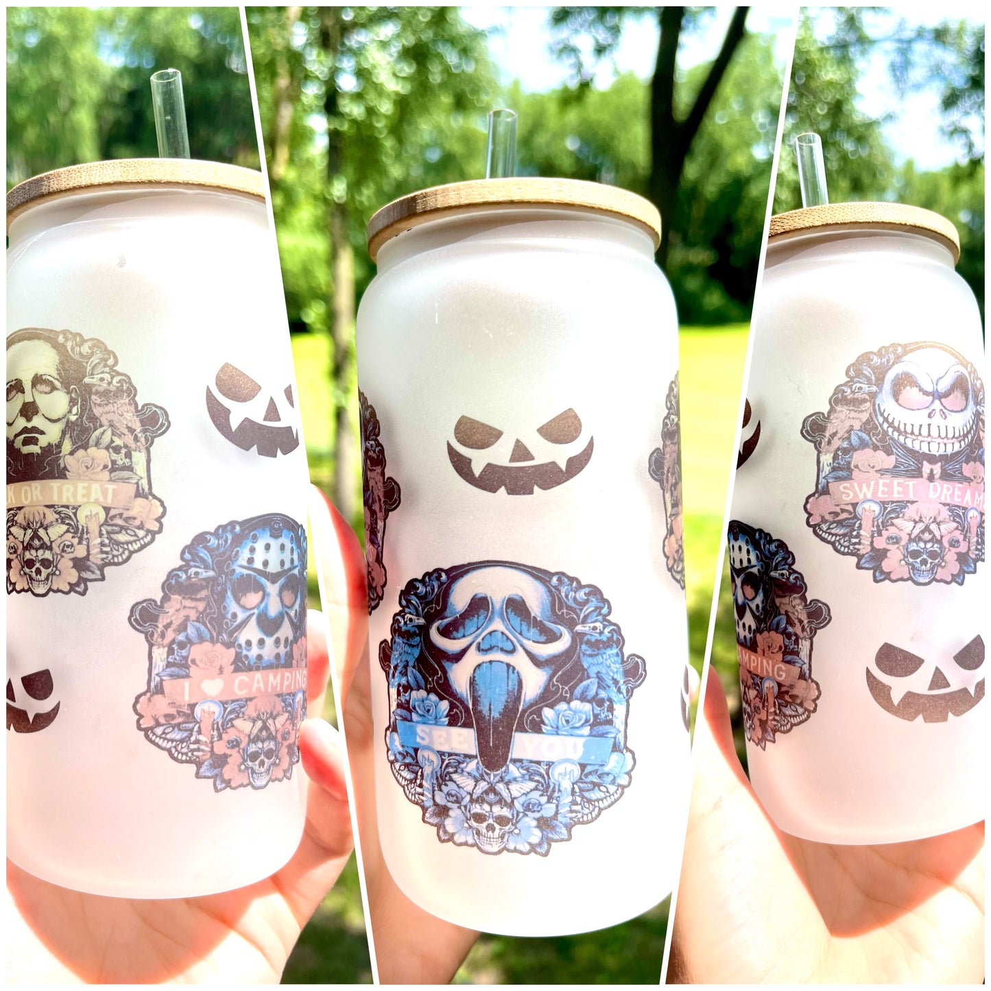 Halloween #003 Beer Glass Cup with Bamboo Lid and Straw (18oz)
