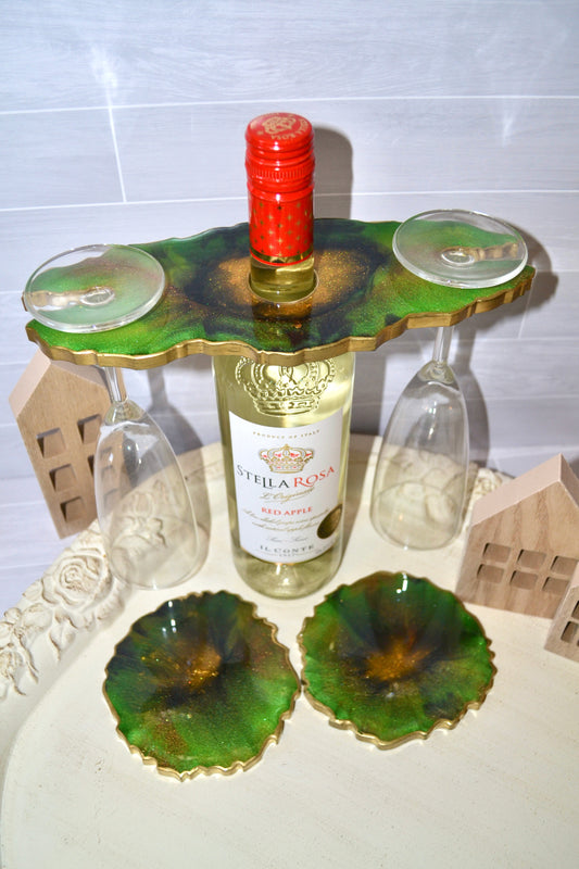 Green, Black and Gold Wine Butler & Two Coasters Set