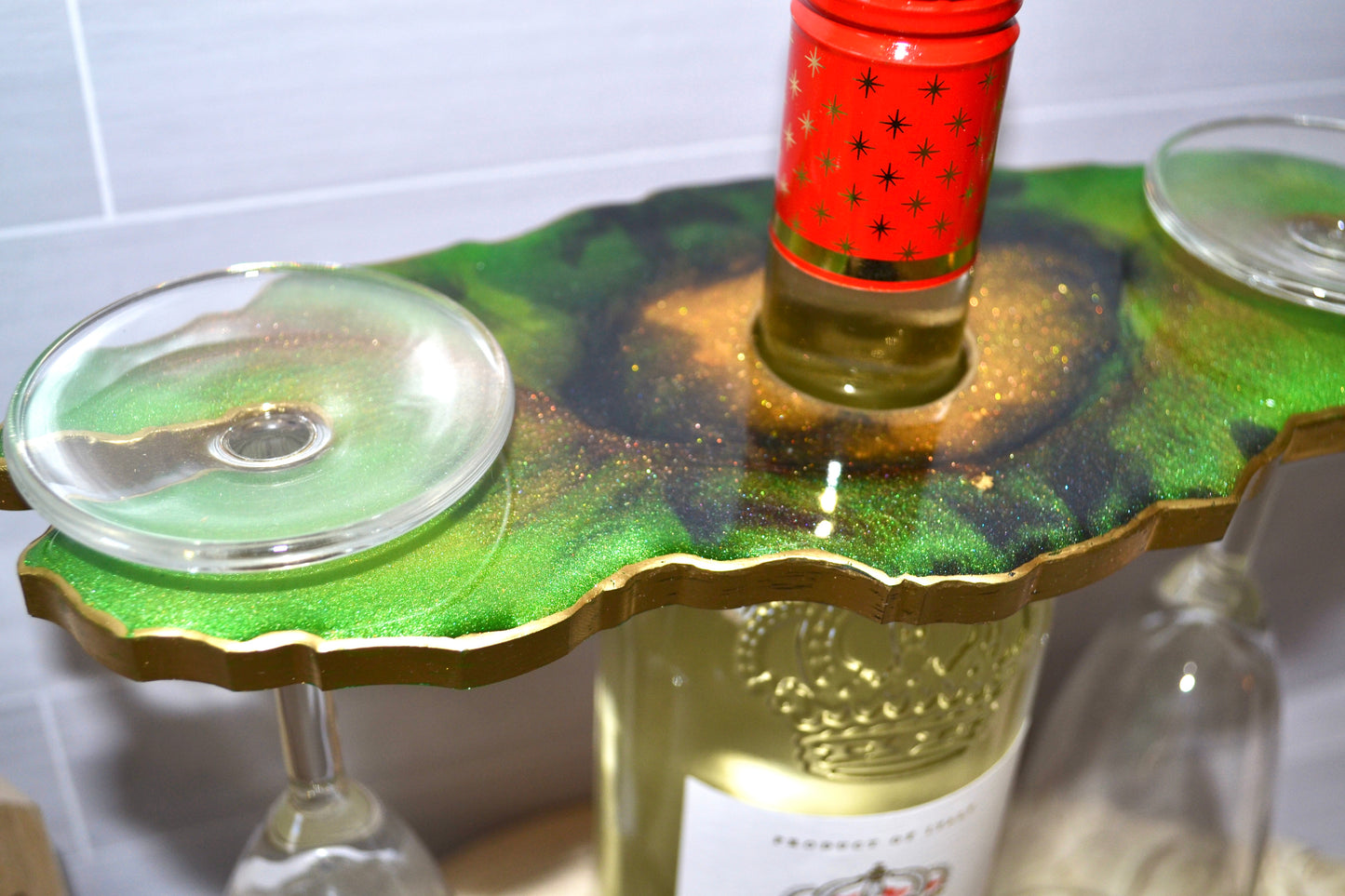 Green, Black and Gold Wine Butler & Two Coasters Set