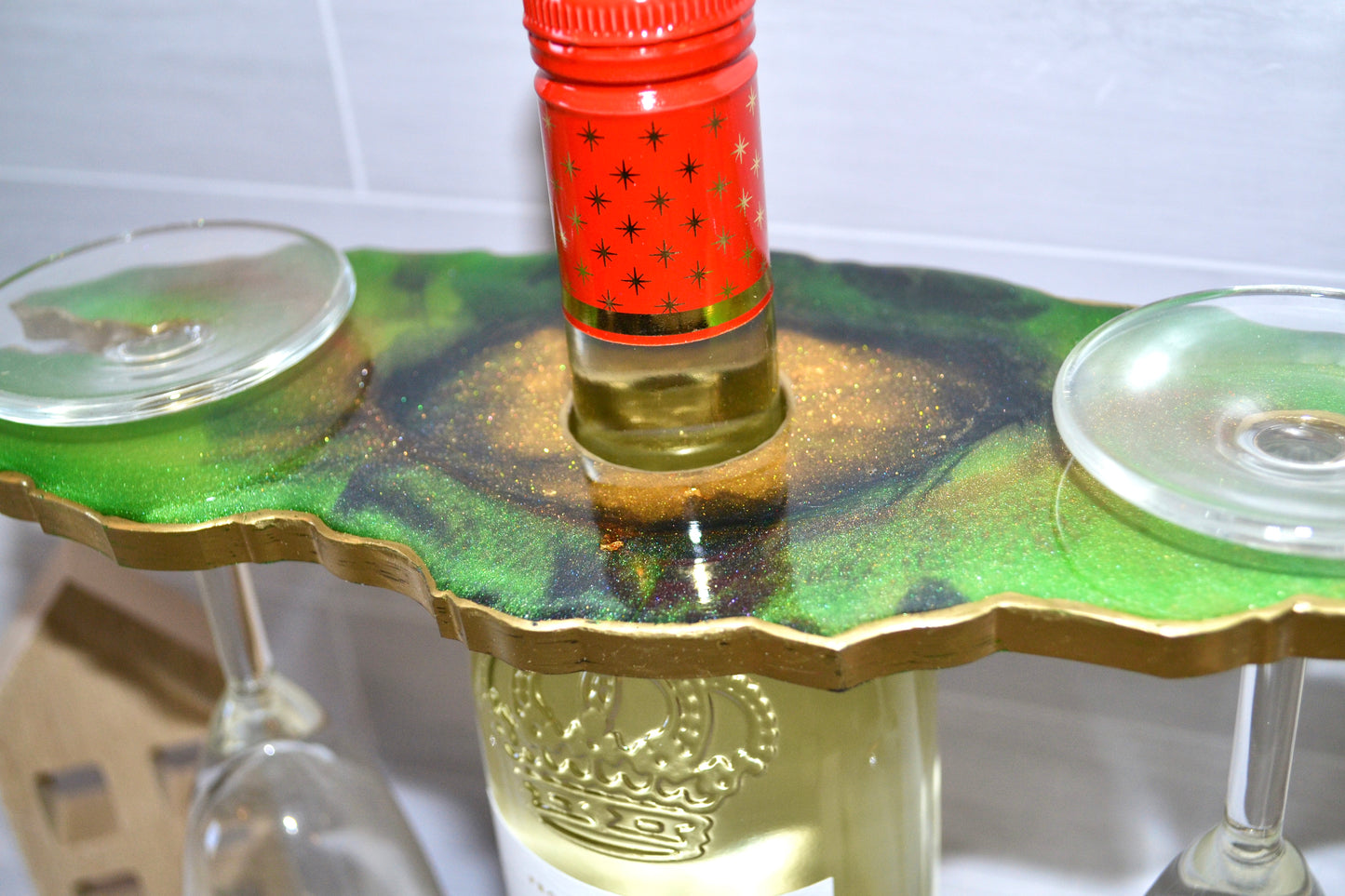 Green, Black and Gold Wine Butler & Two Coasters Set