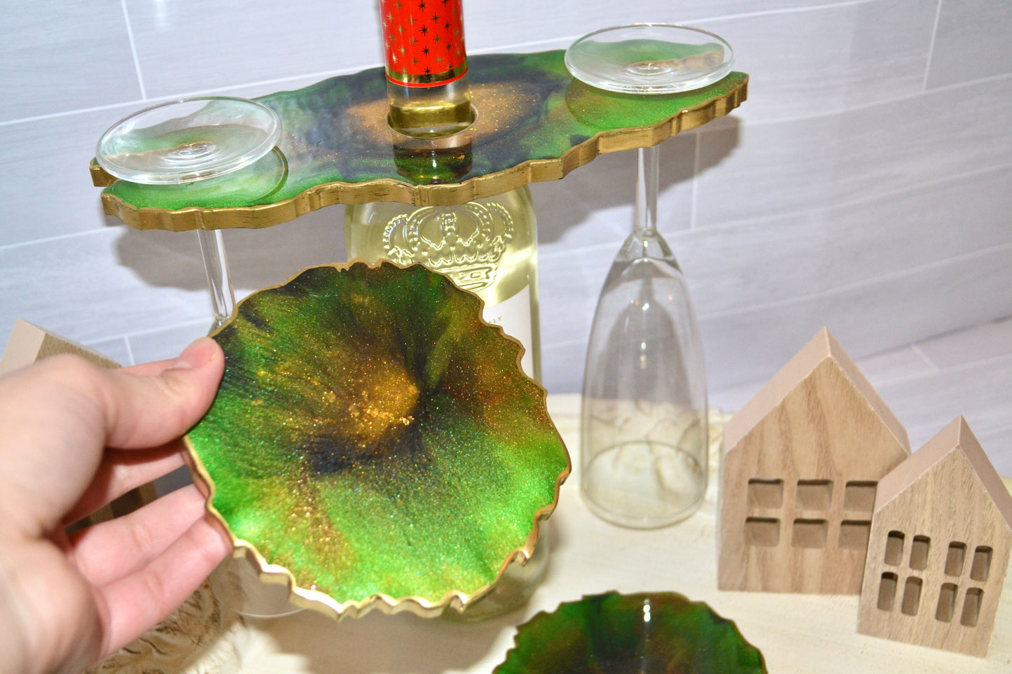 Green, Black and Gold Wine Butler & Two Coasters Set