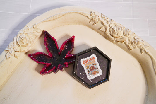 Pink and Black Maple Leaf Ashtray & Trinket Tray Set