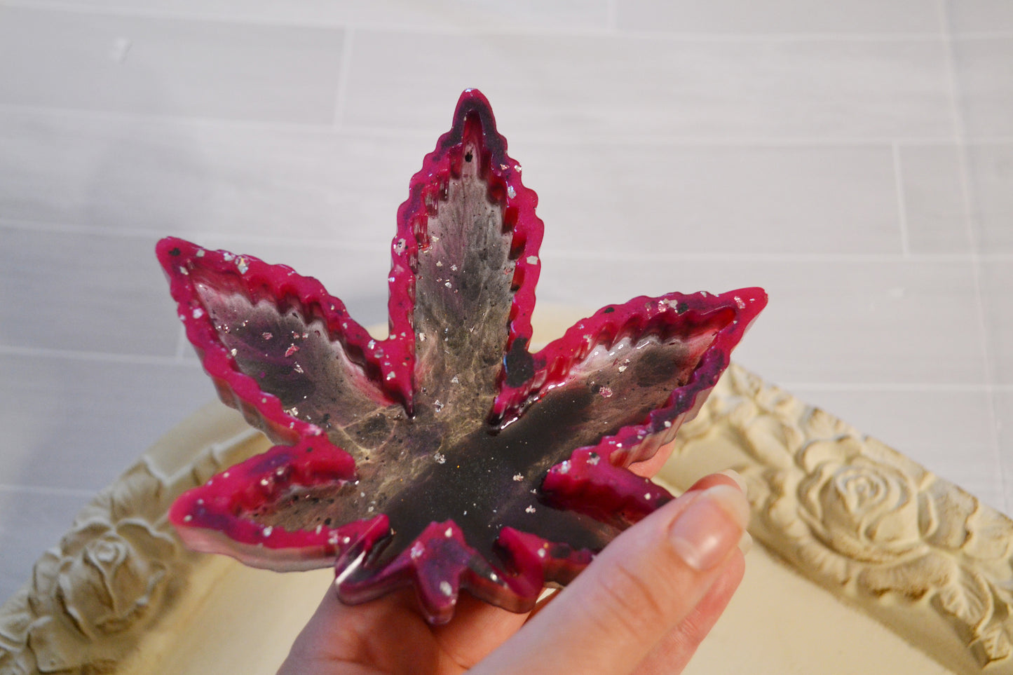 Pink and Black Maple Leaf Ashtray & Trinket Tray Set