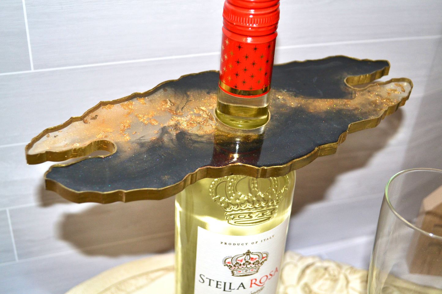 Black and Gold Wine Butler & Two Coasters Set