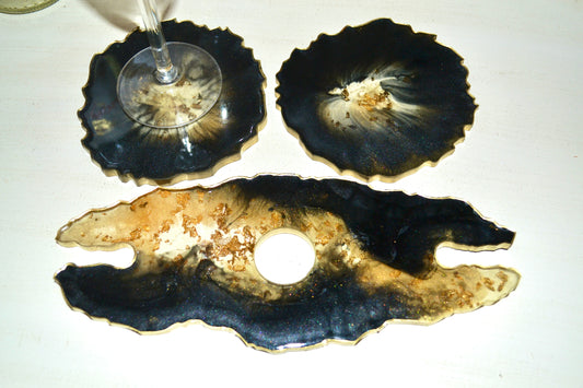 Black and Gold Wine Butler & Two Coasters Set