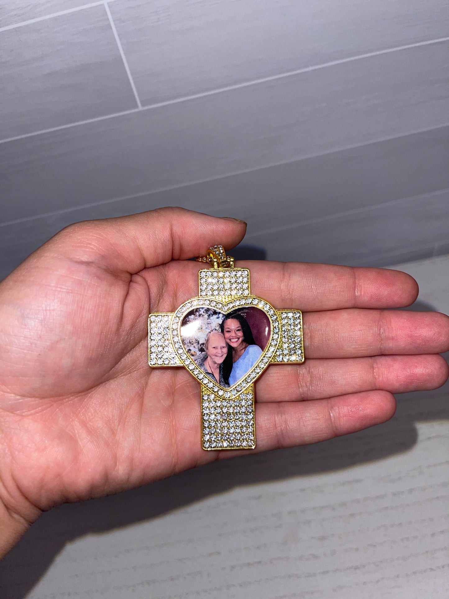 Rhinestone Heart & Cross Photo Necklace