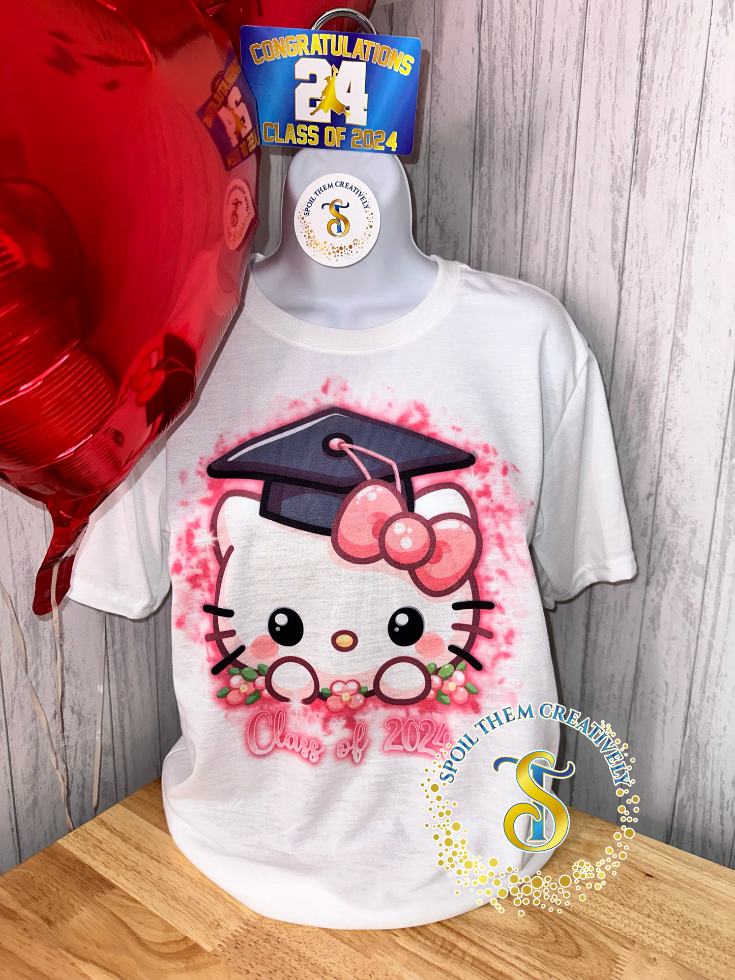 HelloKitty Graduation Shirt | White Shirt | Pink Airbrush Style Unisex Sizing