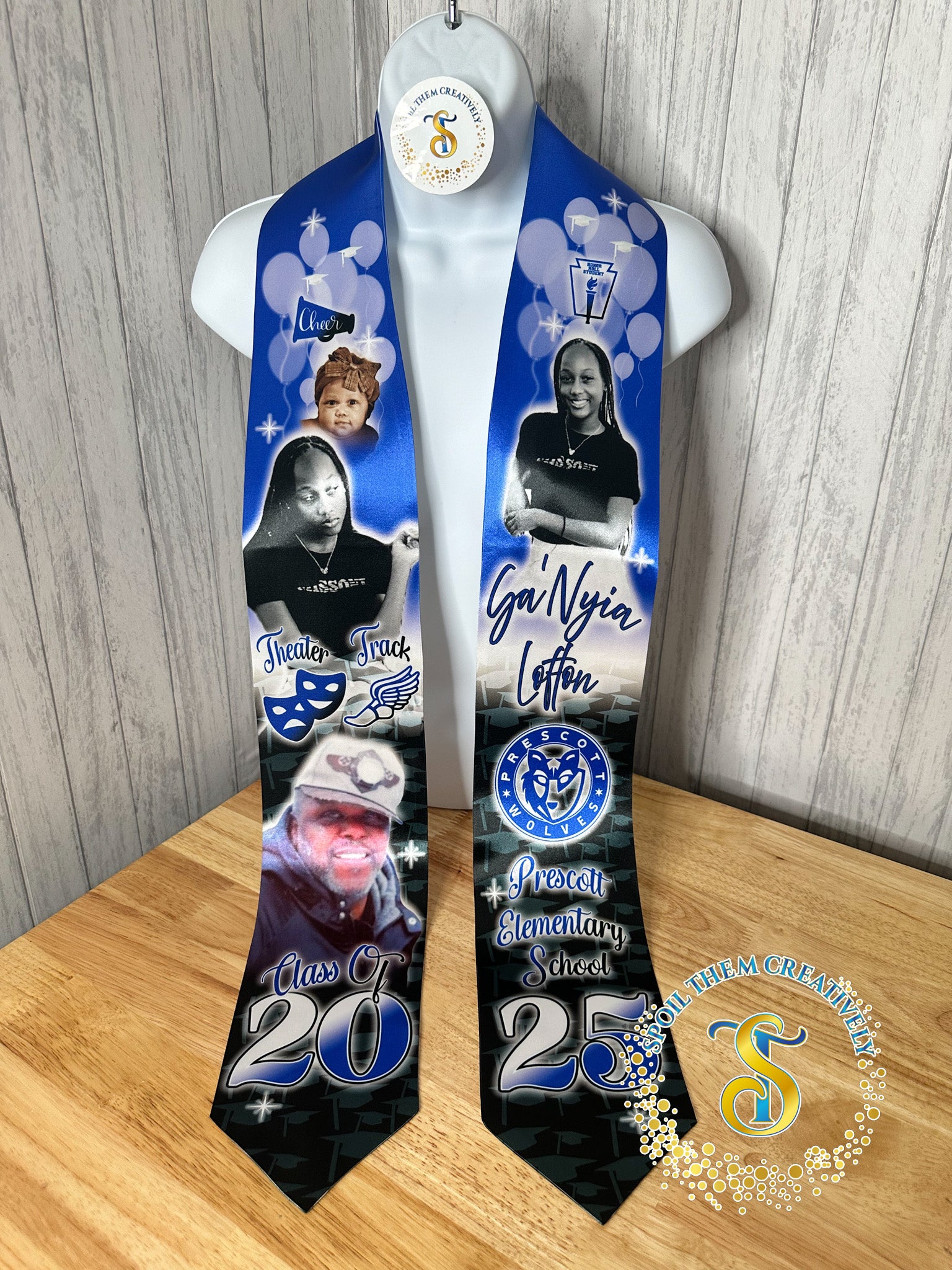 Custom graduation stole with four pictures