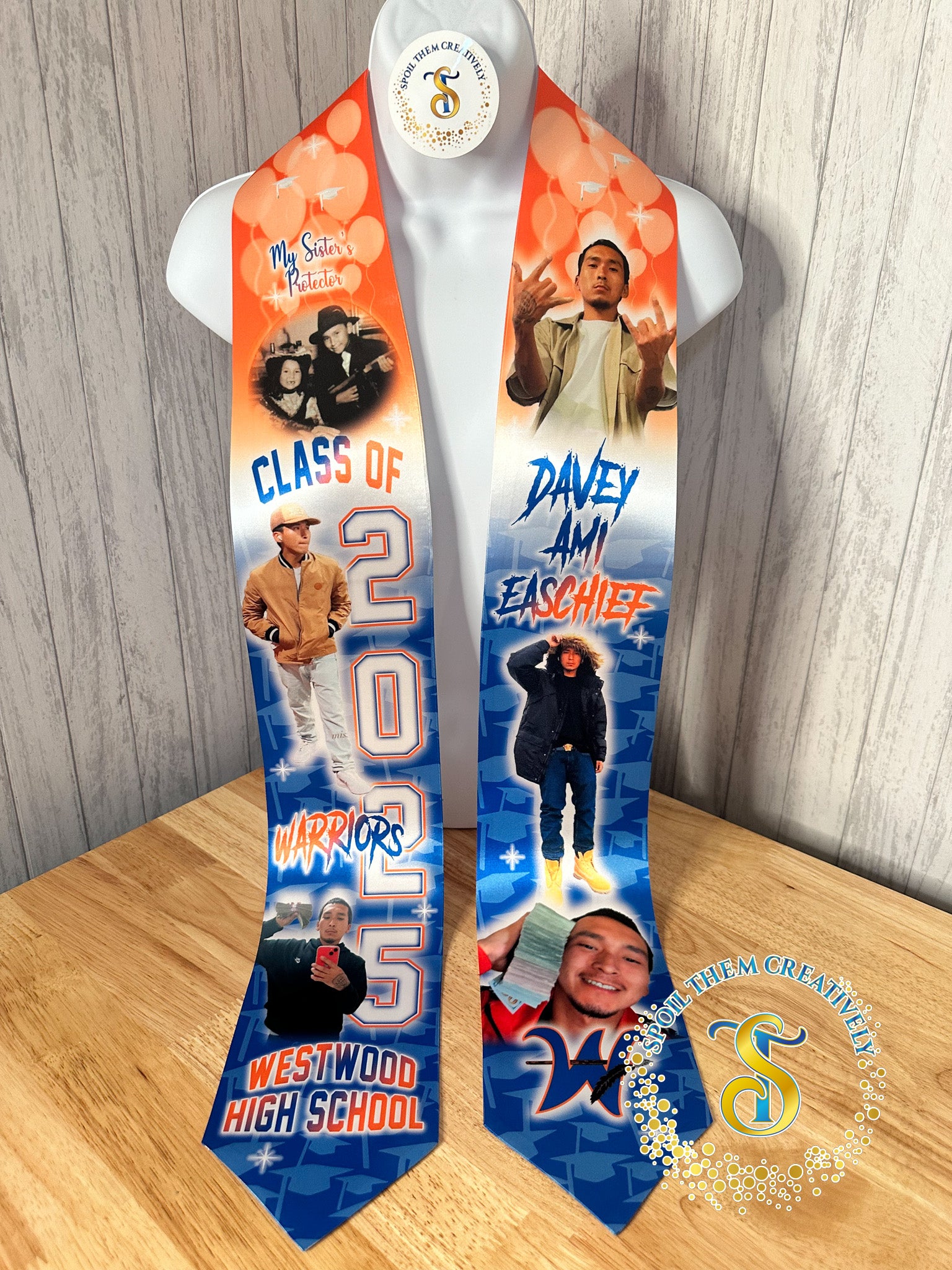 Custom graduation stole with six pictures