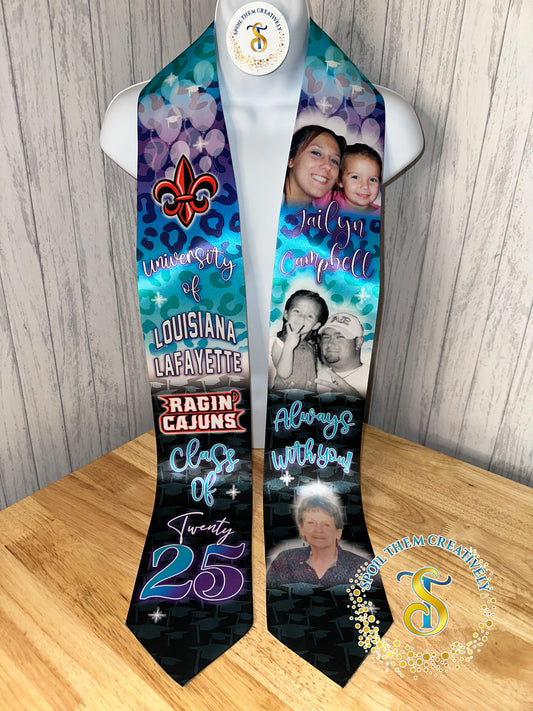Custom graduation stole with three pictures