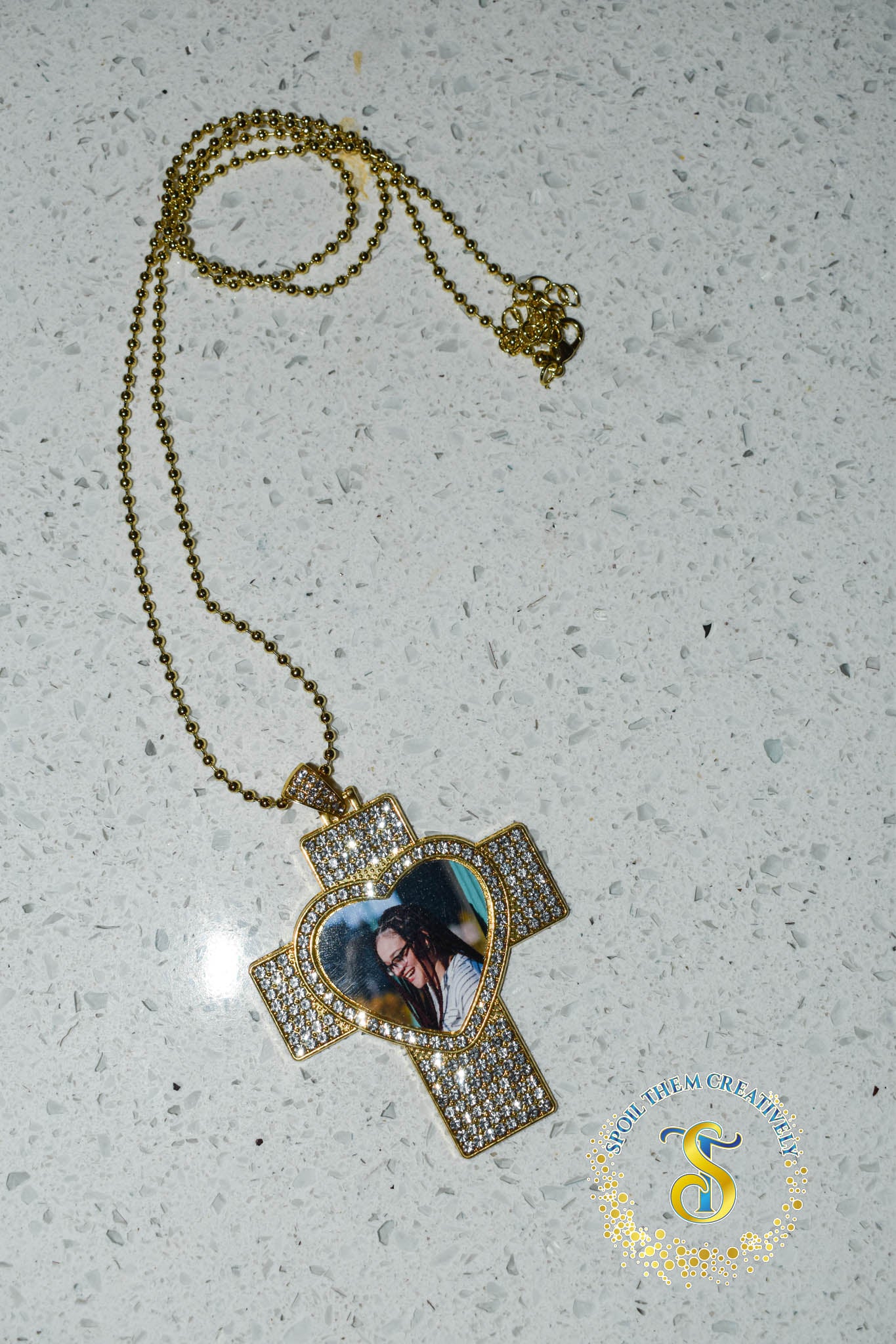 Rhinestone Heart & Cross Photo Necklace