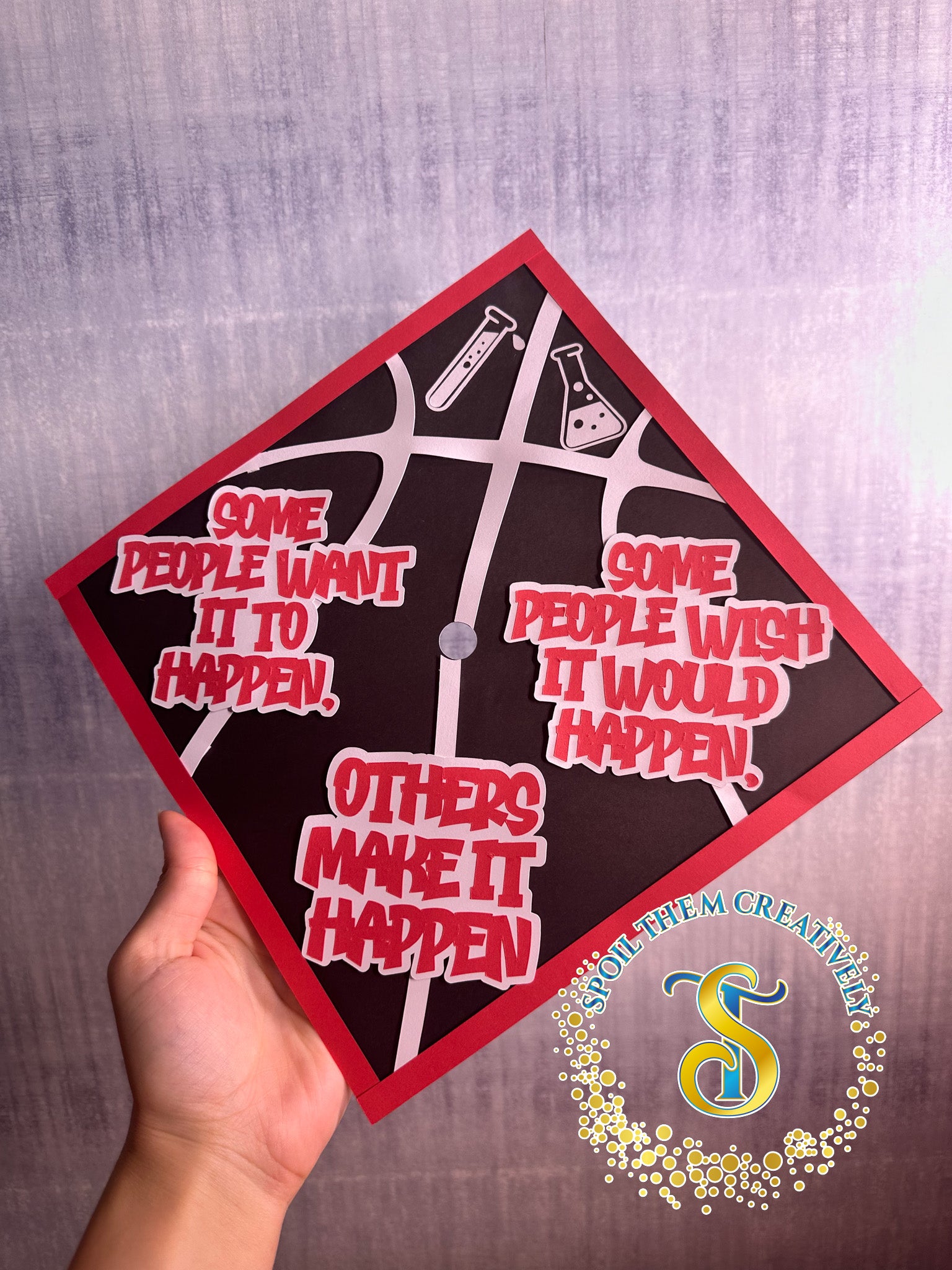 Graduation cap with personalized science design 
