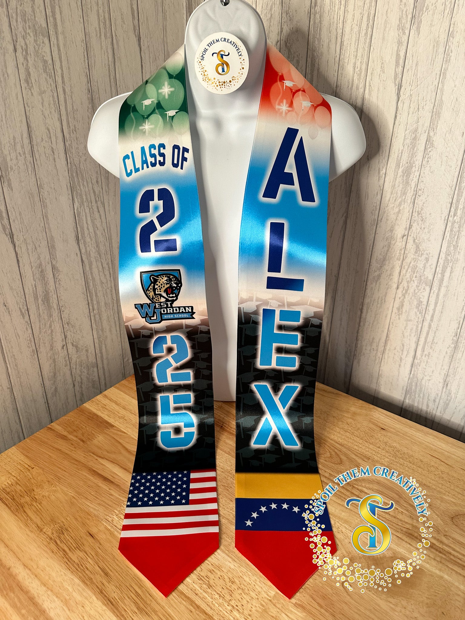 Personalized graduation sash stole with text and flags