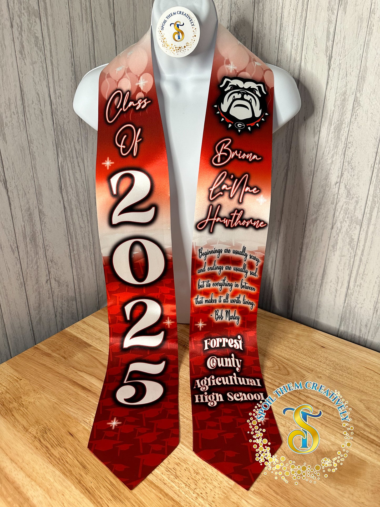 Personalized graduation sash stole with text and flags