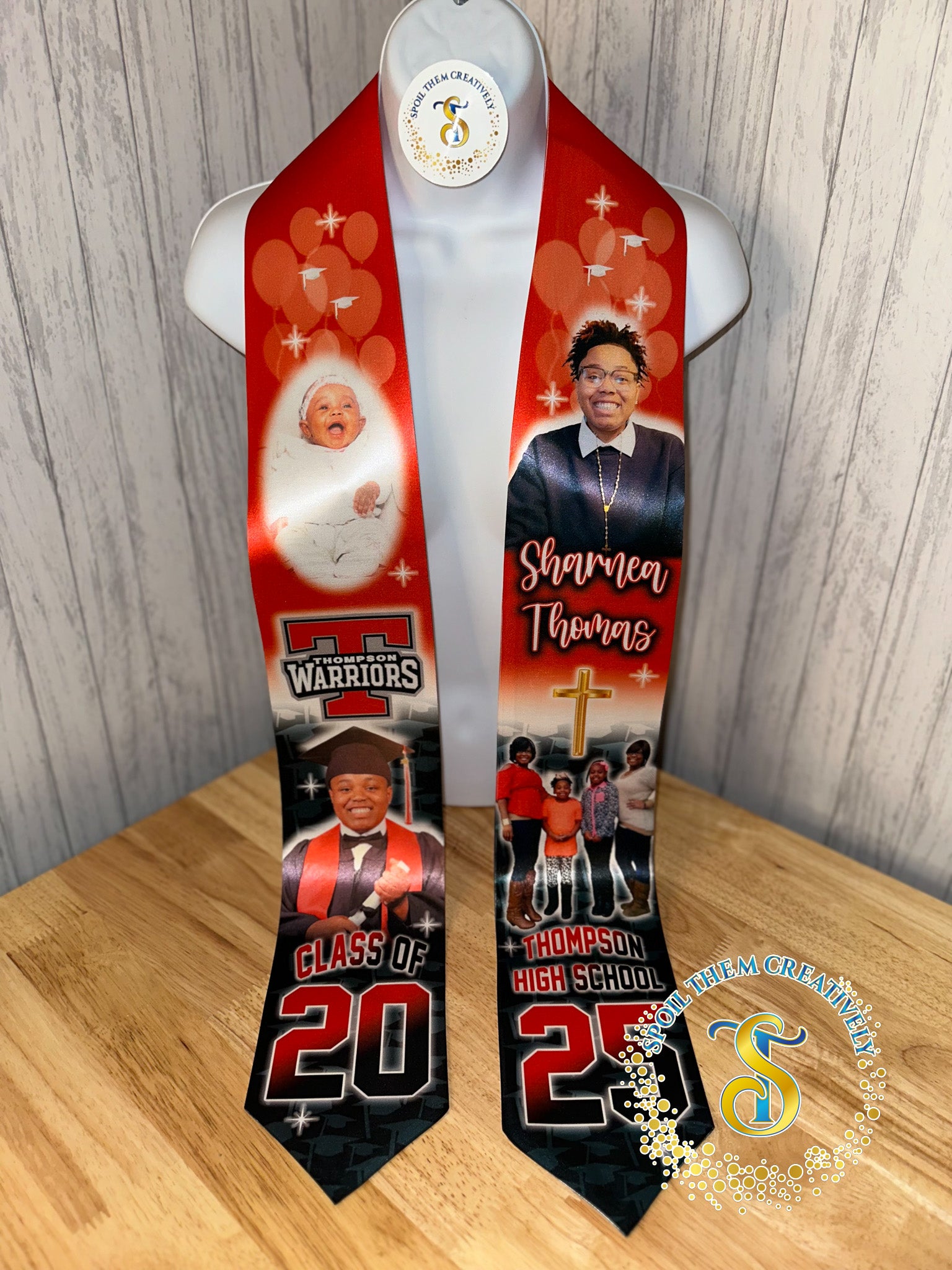 Personalized graduation stole with four pictures