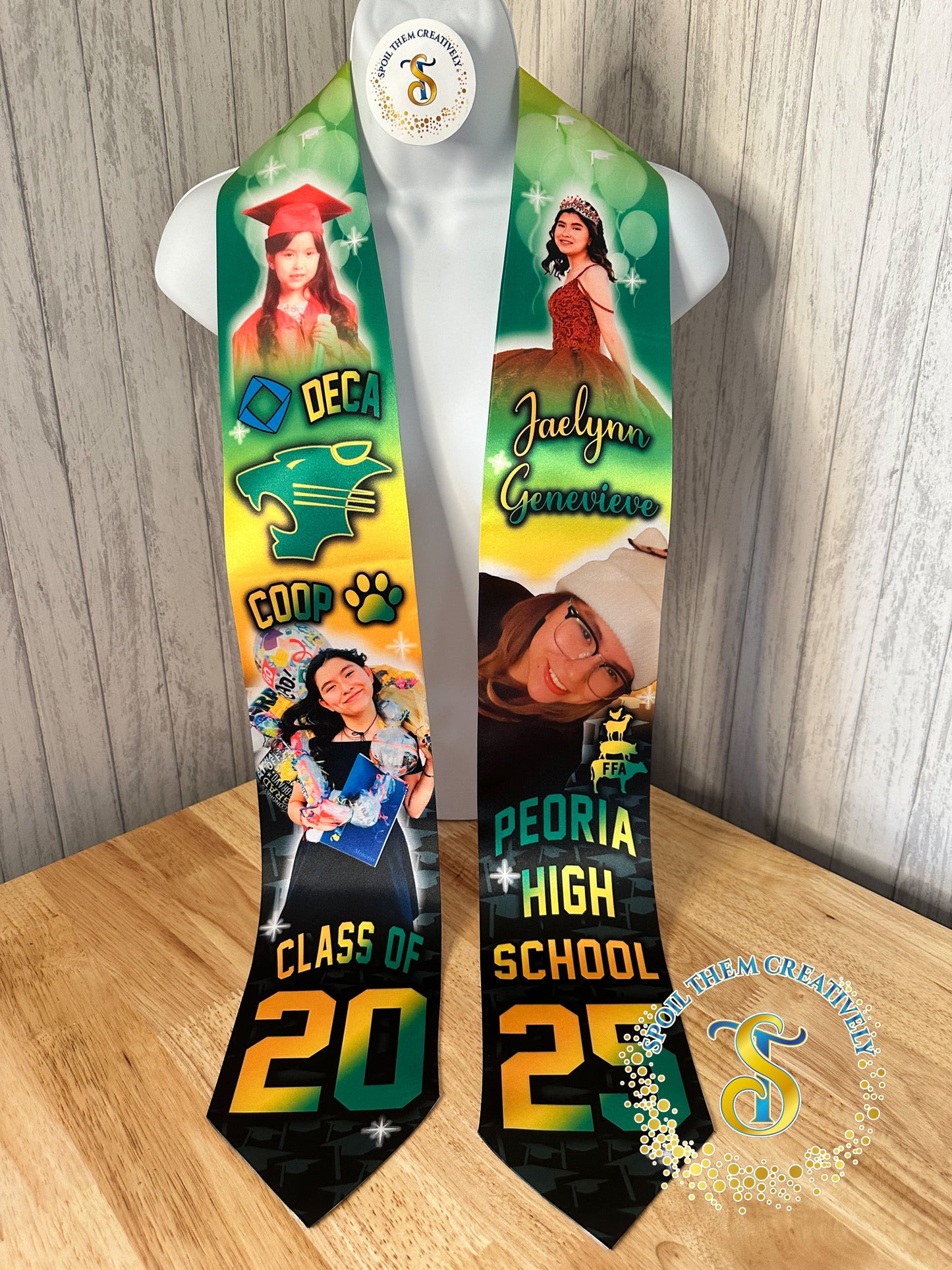 Personalized graduation stole with four pictures