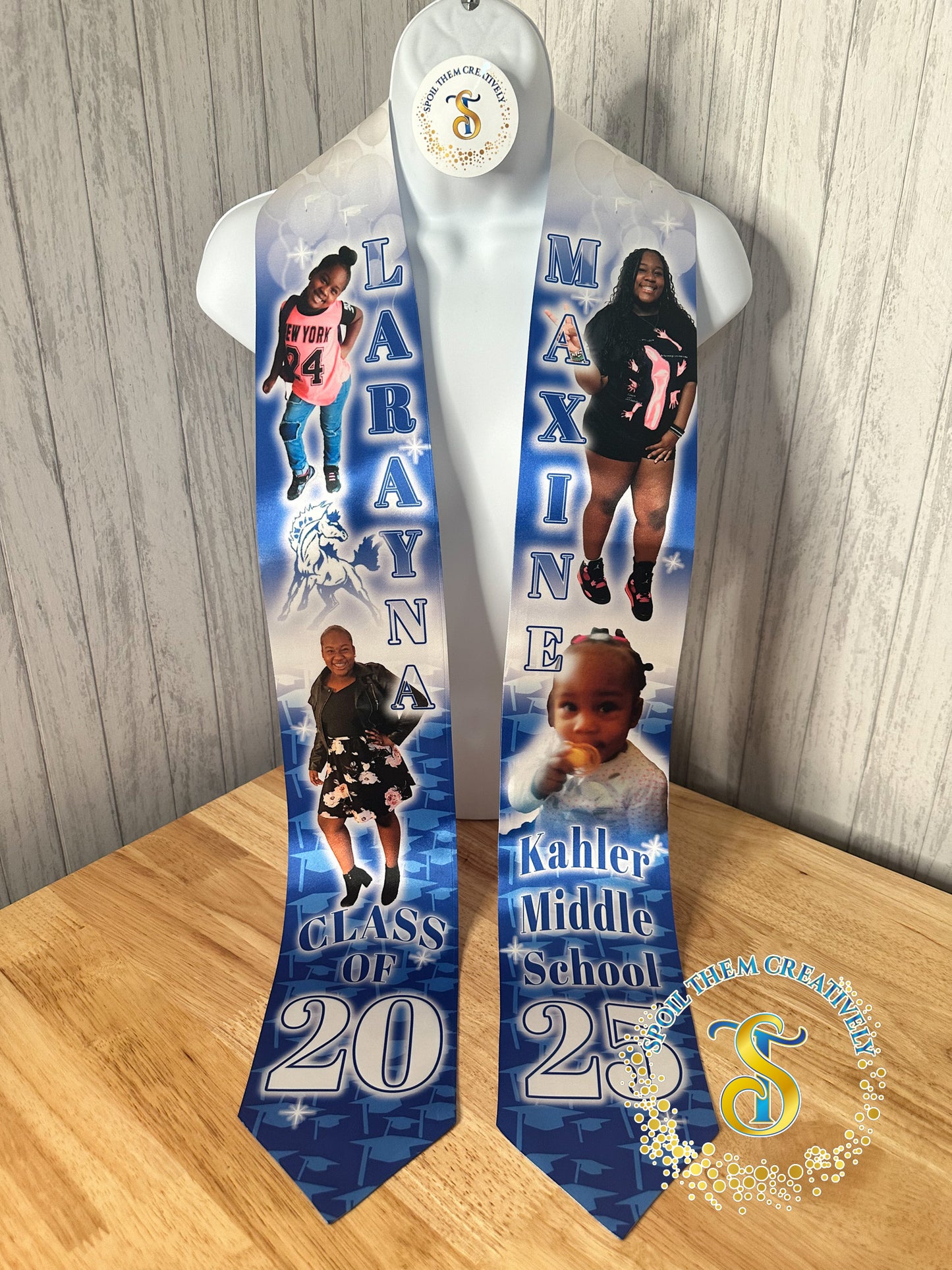Personalized graduation stole with four pictures