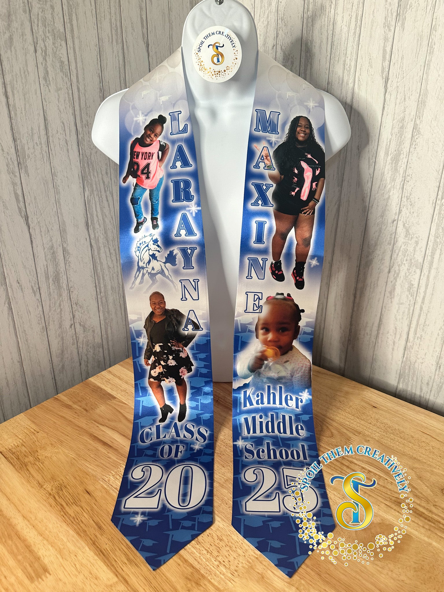 Personalized graduation stole with four pictures