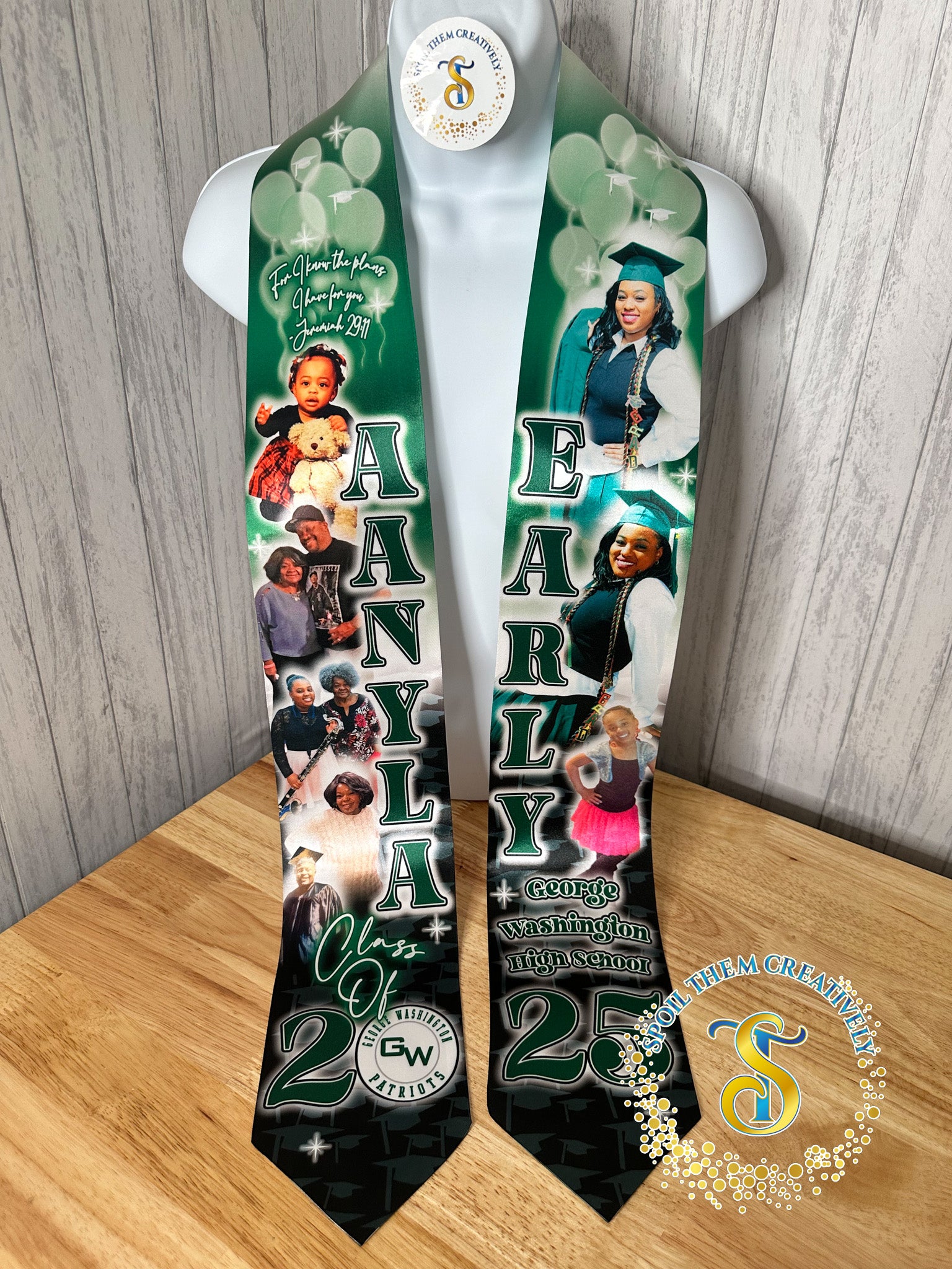 Personalized graduation stole with six pictures