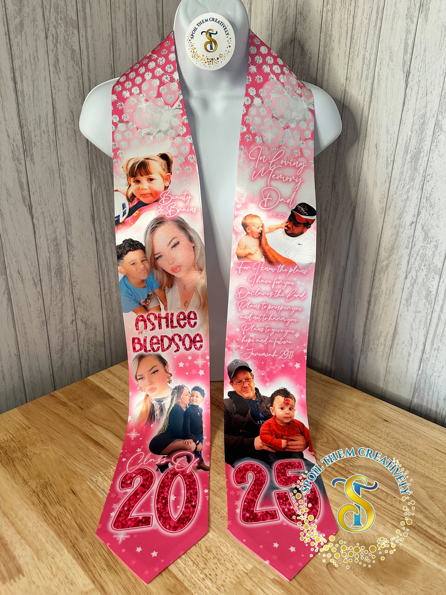 Personalized graduation stole with six pictures