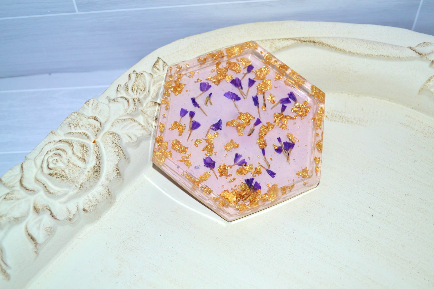 Purple and Gold Floral Trinket Tray