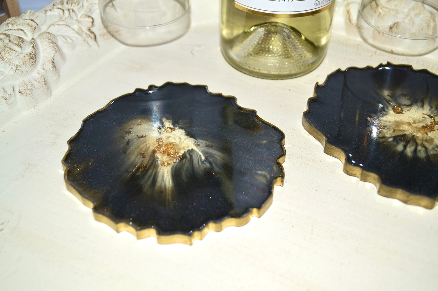 Black and Gold Wine Butler & Two Coasters Set